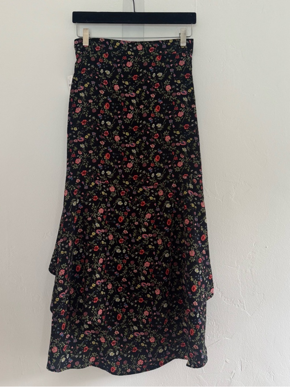 NWT Free People Flynn Skye Nadia Asymmetrical Skirt Midi High Slit Black Floral - Picture 3 of 13